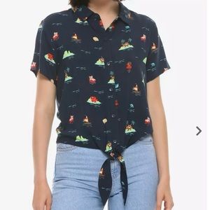 DISNEY Moana Graphic Print Tie-Front Woven Button Up Top Shirt Blouse Blue M